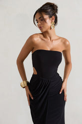 Black Strapless Cut-Out Maxi Dress With Twist Skirt